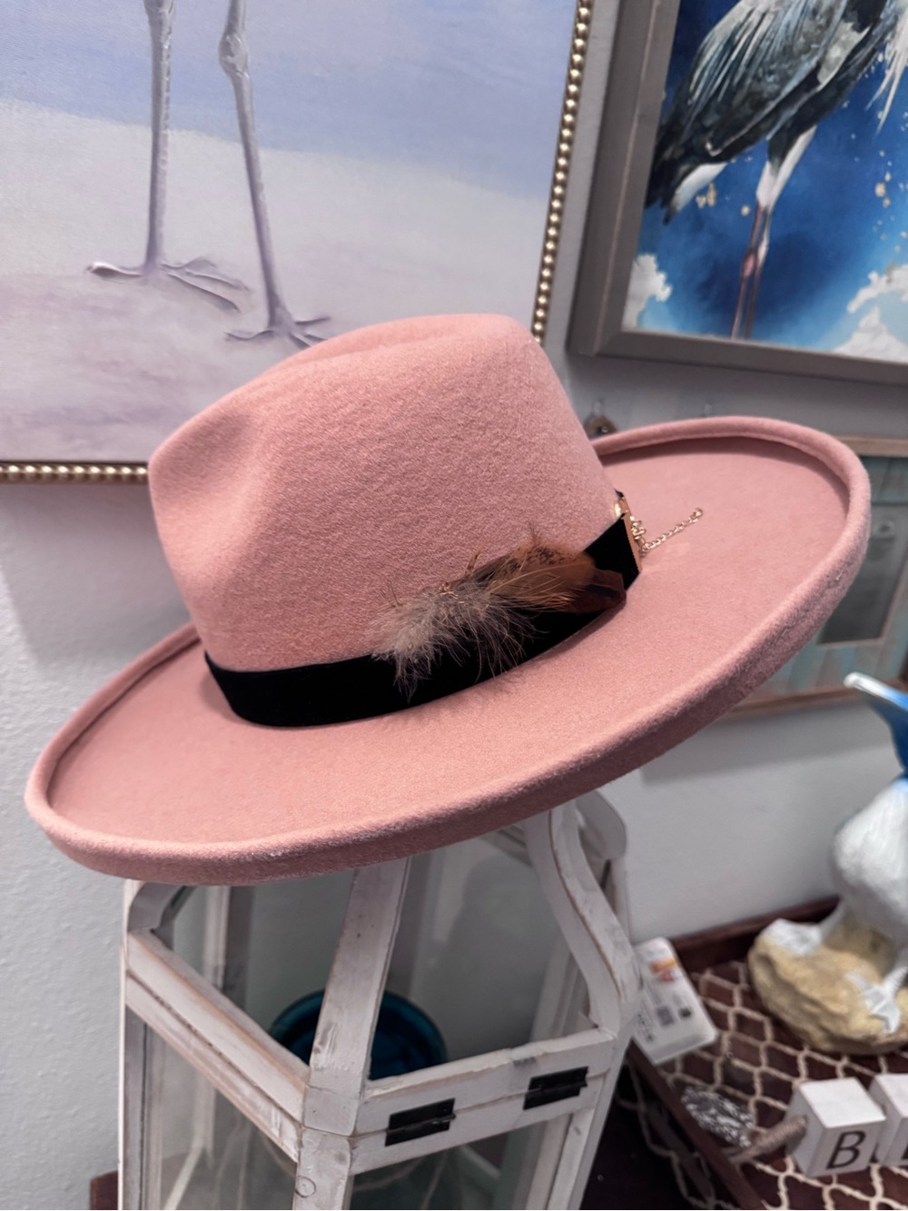GIGI PIP Dusty Pink Felt Fedora with Black Band and Feather